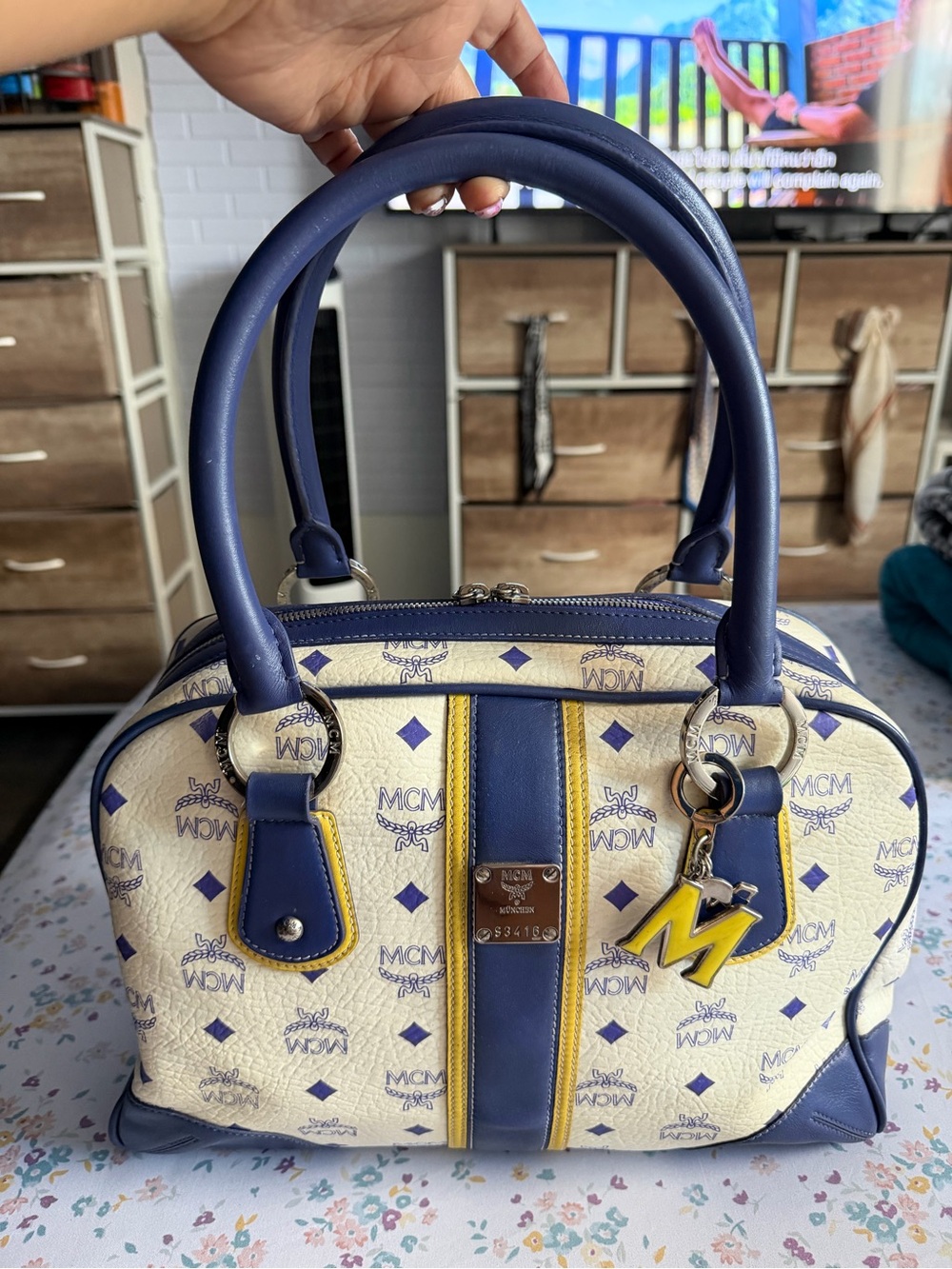 MCM Cream, Blue & Yellow Logo Dome Satchel